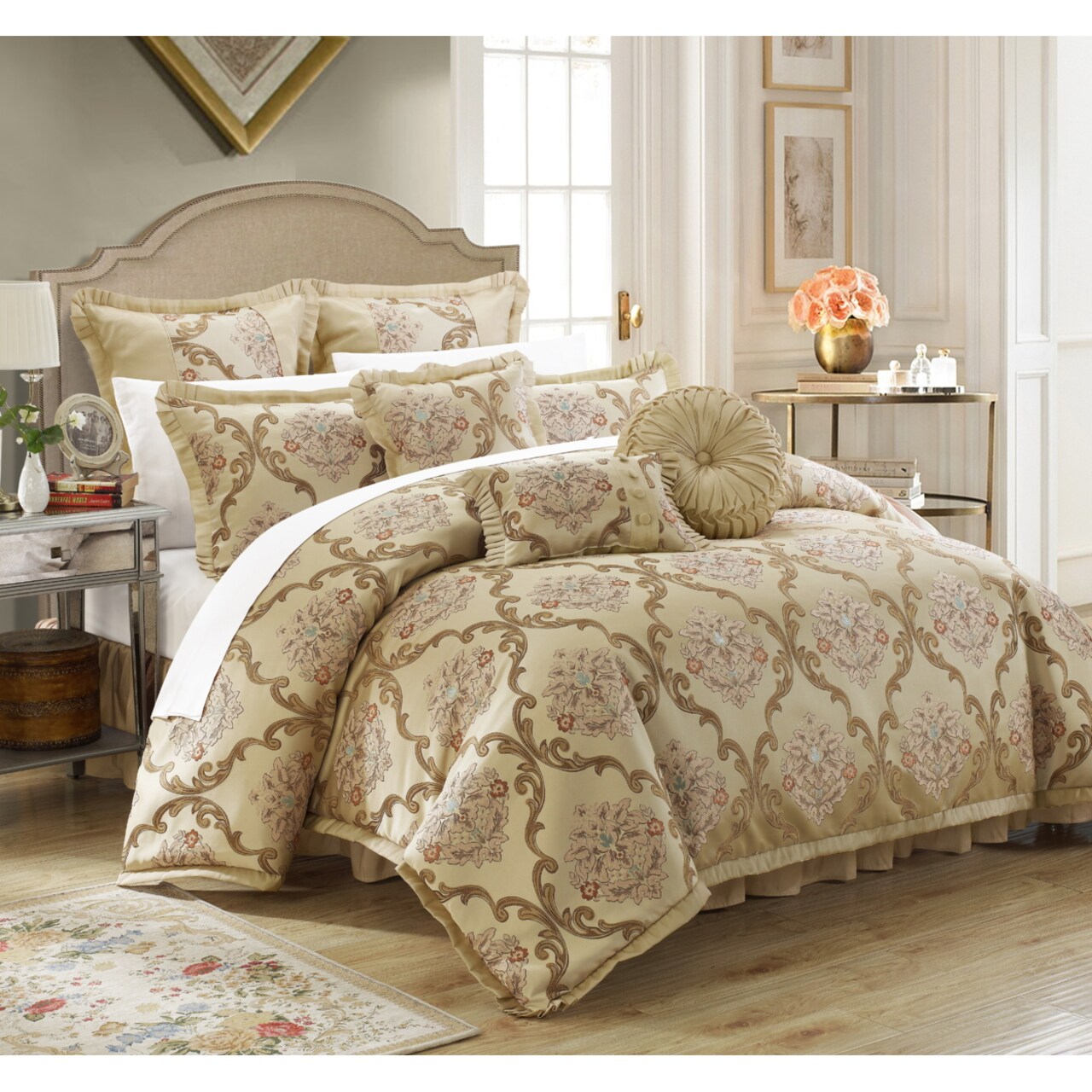 Chic Home 9 Piece Aubrey Decorator Upholstery Quality Jacquard Scroll Fabric Complete Master Bedroom Comforter Set and pillows